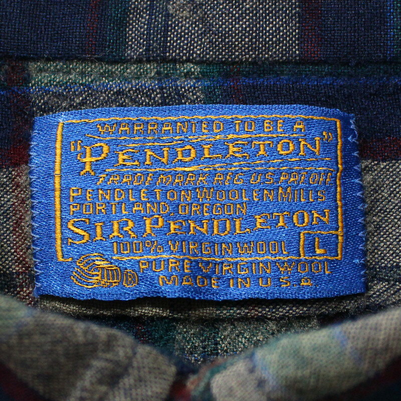 80s USA製 ペンドルトン PENDLETON チェック柄 SIR PENDLETON ボタンダウン ウール 長袖シャツ 古着 ★ 表記Lサイズ ネイビー