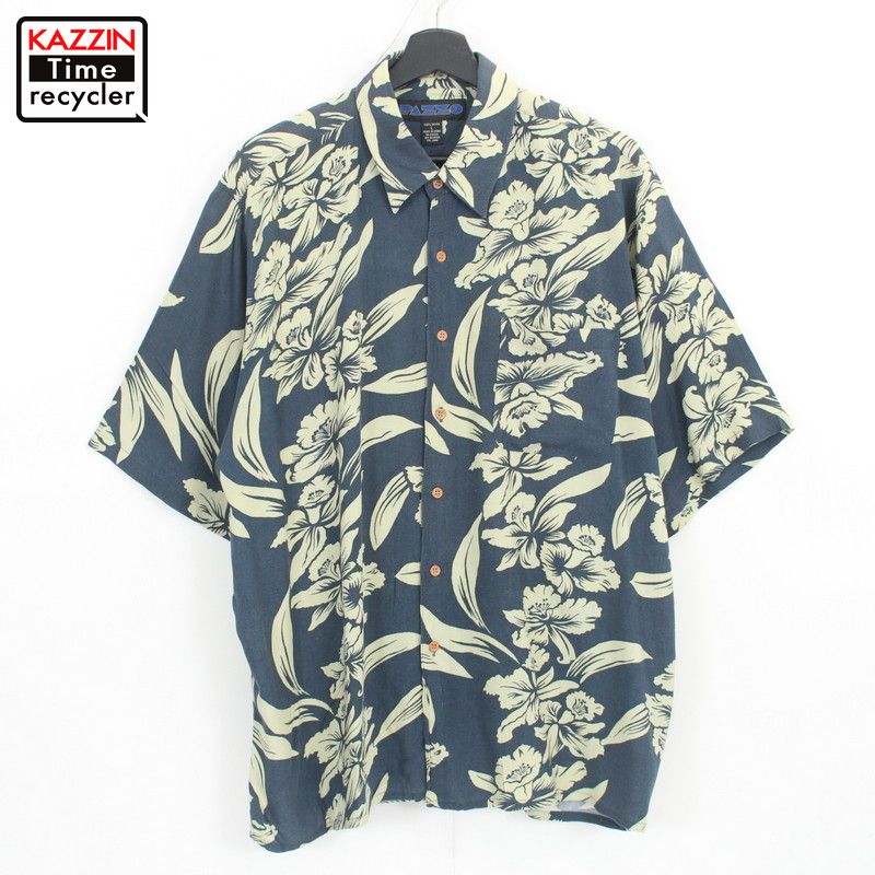 【220615】80年代 ハワイアンシャツ 紺 大きいサイズ 中古品 USED