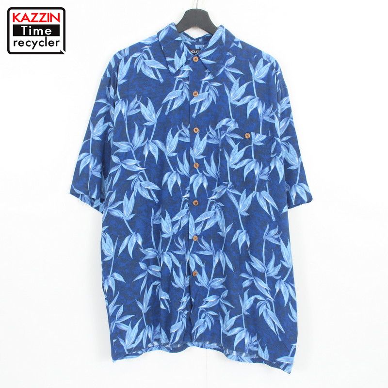 【220617】90年代 ハワイアンシャツ 総柄 青 大きいサイズ 中古品 USED アロハシャツ 古着