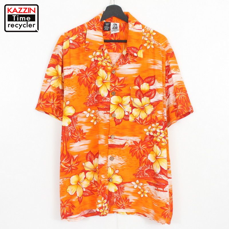 【220617】90年代 ハワイアンシャツ 橙 大きいサイズ 中古品 USED アロハシャツ 古着