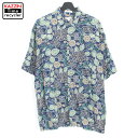 【220704】90年代 ハワイアンシャツ 総柄 ハイビスカス 葉っぱ 紺 大きいサイズ 中古品 USED
