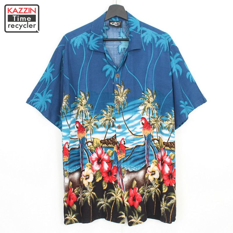 【220816】90年代 ハワイアンシャツ オープンカラー 青 中古品 USED