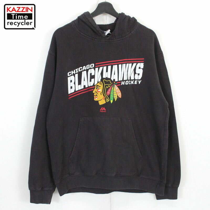 00s NHL シカゴ・ブラックホークス Majestic スウェット パーカー ホッケー 古着 ★ 表記Sサイズ ブラック