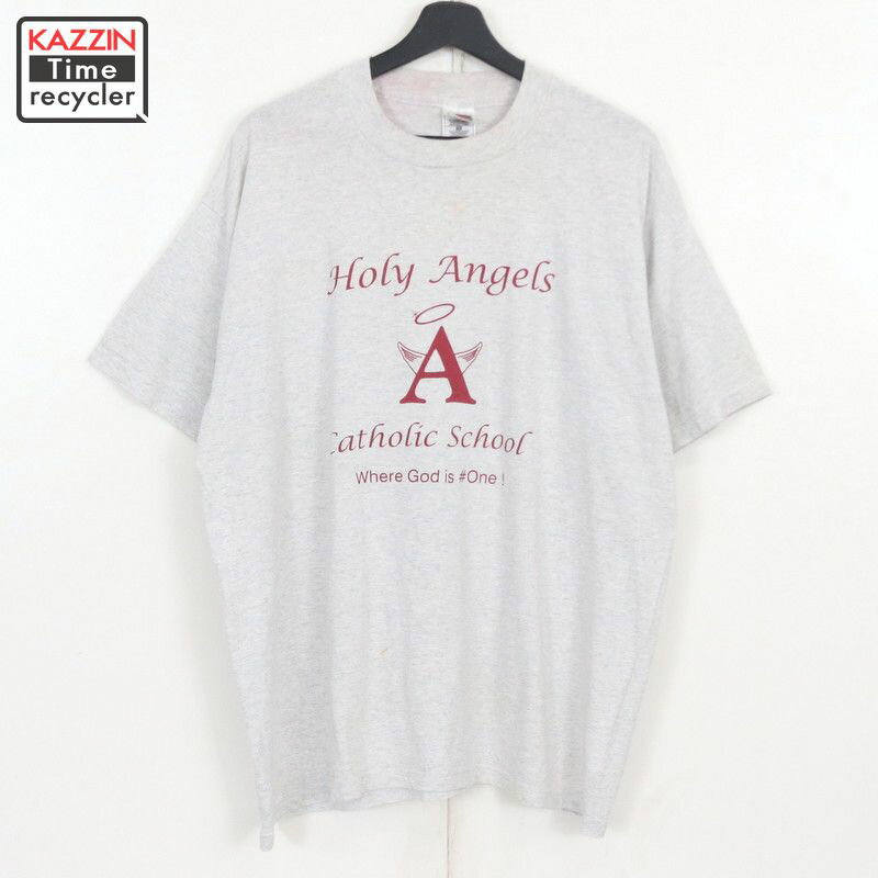 90s Fruit of the Loom Holy Angels Catholic School プリント 半袖Tシャツ 古着 ★ メンズ 表記XLサイズ ライトグレー