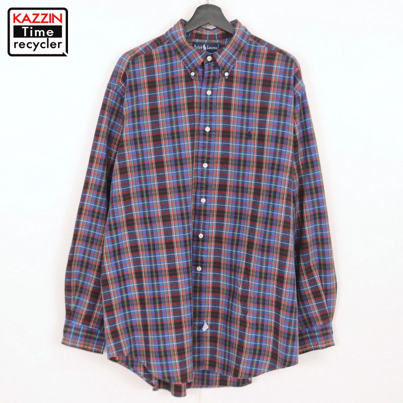90s ラルフローレン RALPH LAUREN チェック柄 ボタンダウン 長袖シャツ 古着 ★ メンズ 表記XLサイズ ブルー