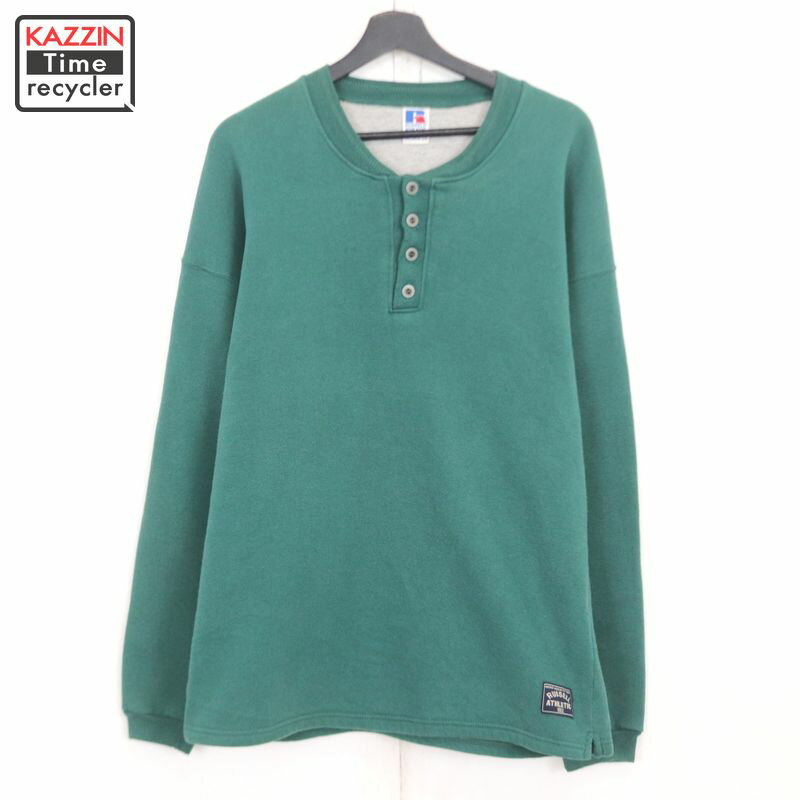 90s USA製 ラッセル RUSSELL 無地 ヘンリーネック スウェット トレーナー 古着 ★ メンズ 表記Mサイズ グリーン