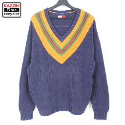 90s ヴィンテージ トミーヒルフィガー TOMMY HILFIGER Vネック コットン チルデン ニットセーター 古着 ★ メンズ 表記Lサイズ ネイビー