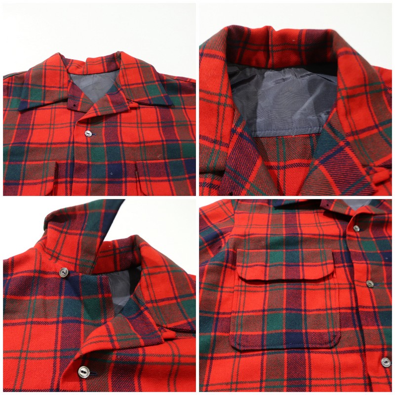 P5倍! 50s ヴィンテージ チェック柄 オープンカラー ウール 長袖シャツ 古着 ★ メンズ Lサイズ相当 レッド