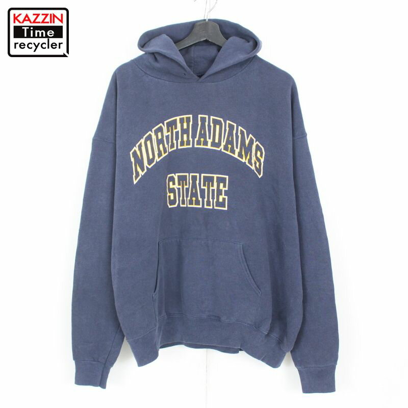 90s USA製 ヴィンテージ ジャンスポーツ JANSPORT 無地 カレッジプリント スウェット パーカー 古着 ★ メンズ 表記Lサイズ ネイビー