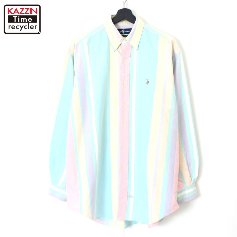 90s ヴィンテージ ラルフローレン RALPH LAUREN ストライプ柄 ボタンダウン 長袖シャツ 古着 ★ メンズ 表記Mサイズ マルチカラー