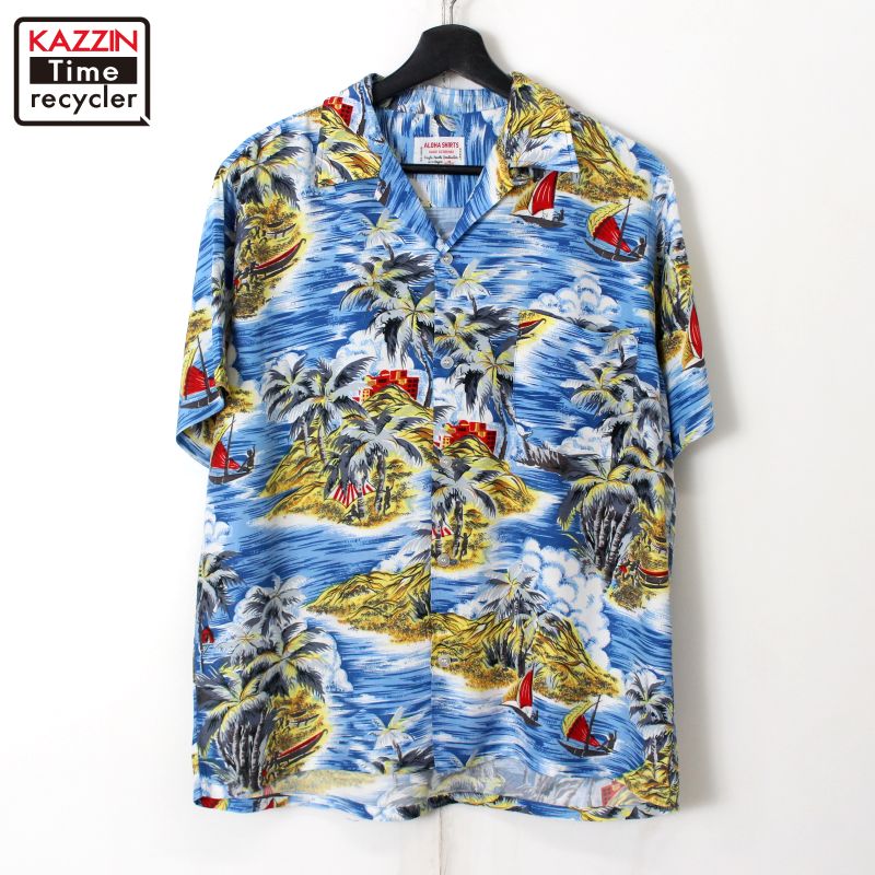 【240501】60年代 ヴィンテージ vintage ハワイアンシャツ ライトブルー 中古品 USED #L アメカジ vtg5