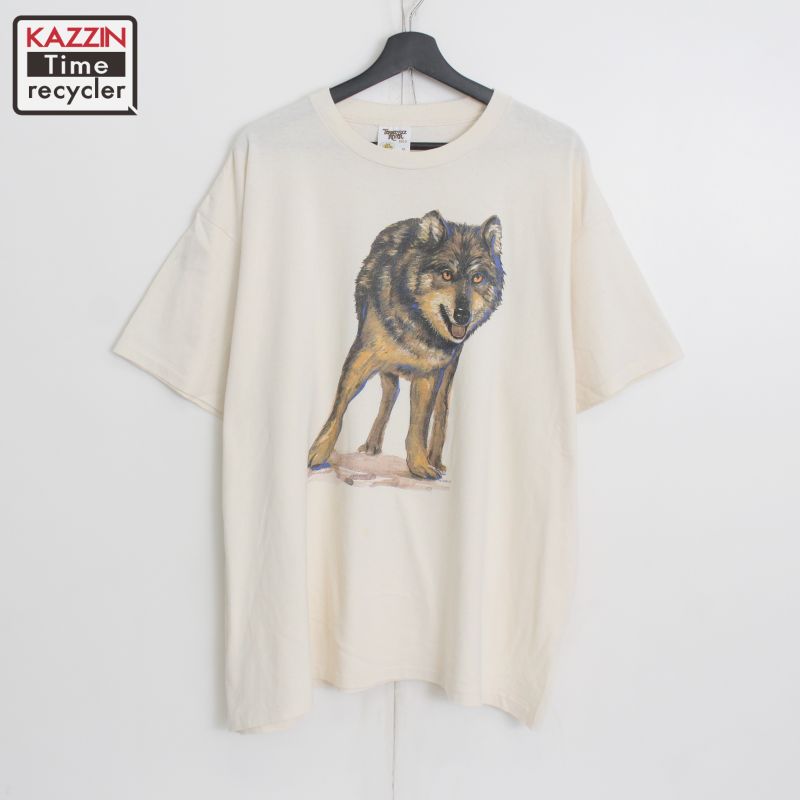 90s USA製 ヴィンテージ TENNESSEE RIVER Studio Q ウルフ プリント 半袖Tシャツ 古着 ★ メンズ 表記XLサイズ アイボリー