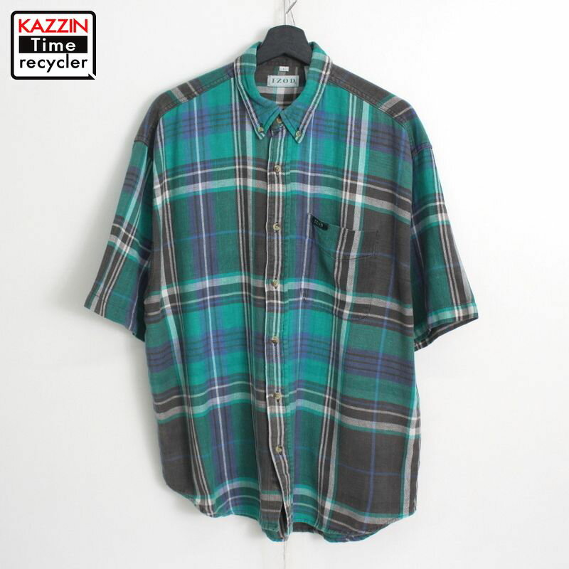 80s ヴィンテージ アイゾッド IZOD チェック柄 リメイク ライトネル 半袖シャツ 古着 ★ メンズ 表記Lサイズ グリーン