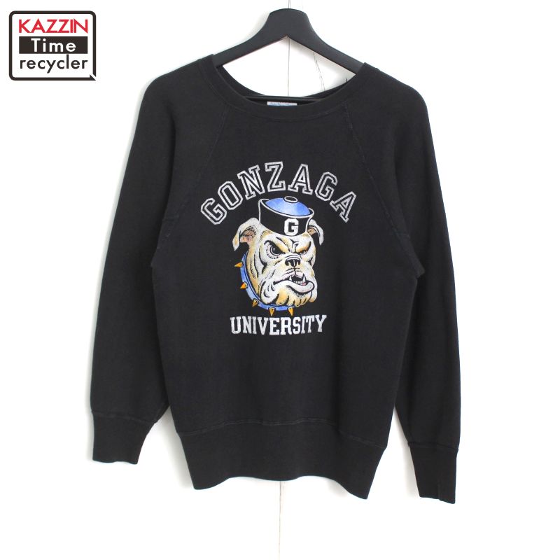 60s ヴィンテージ ラグラン GONZAGA カラーフロッキー プリント スウェット トレーナー 古着 ★ メンズ Sサイズ相当 ブラック