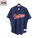 90s MLB ヴィンテージ TRUE-FAN クリーブランド・インディアンズ メッシュ ベースボールシャツ 古着 ★ メンズ 表記XLサイズ ネイビー(4)