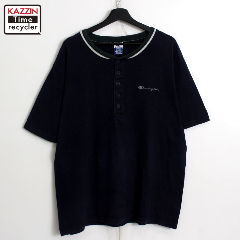 90s USA製 ヴィンテージ チャンピオン Champion ヘンリーネック 半袖Tシャツ 古着 ★ メンズ 表記Lサイズ ネイビー
