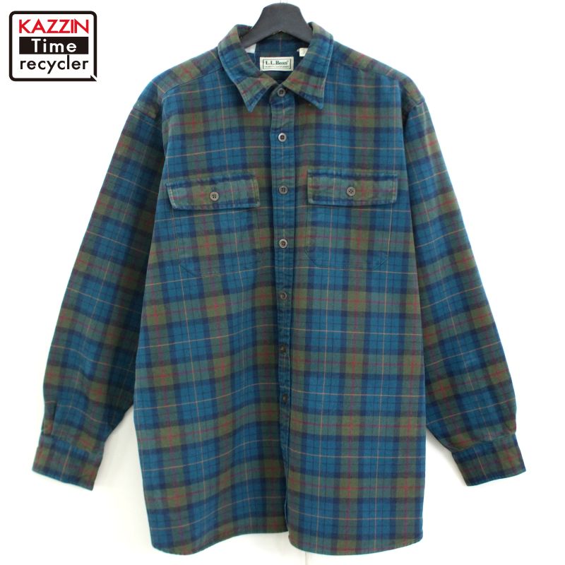 P5倍! 90s ヴィンテージ エルエルビーン L.L.Bean チェック柄 長袖ネルシャツ 古着 ★ メンズ 表記Lサイズ グリーン