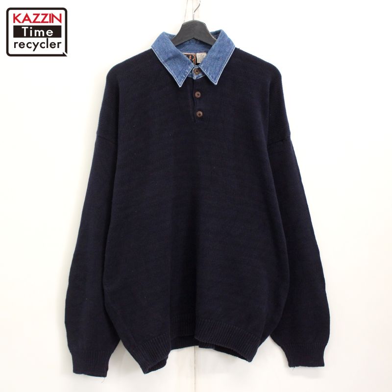80s ヴィンテージ デニム切り替え ポロシャツ コットン ニットセーター 古着 ★ メンズ 表記Lサイズ ネイビー