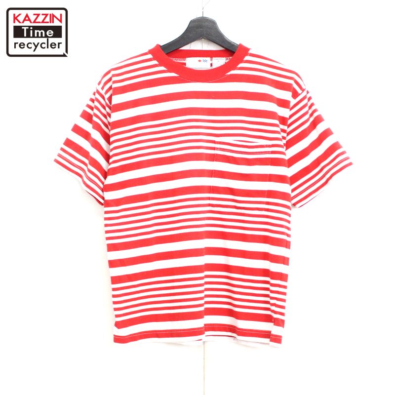 90s ヴィンテージ FRENCH NAVY ボーダー柄 ポケット付き 半袖Tシャツ 古着 ★ メンズ 表記Mサイズ レッド・ホワイト