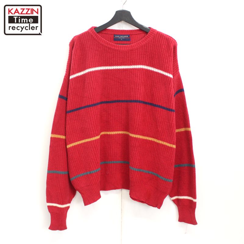 80s ヴィンテージ VAN HEUSEN バンヒューゼン ボーダー柄 ニットセーター 古着 ★ メンズ 表記Lサイズ レッド(4)