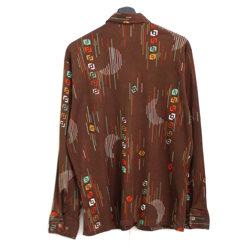 70s ヴィンテージ 総柄 ポリエステル 長袖シャツ 古着 ★ メンズ 表記Lサイズ ブラウン
