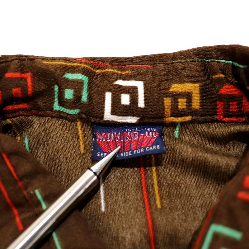 70s ヴィンテージ 総柄 ポリエステル 長袖シャツ 古着 ★ メンズ 表記Lサイズ ブラウン