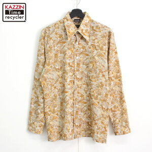 70s ヴィンテージ media 総柄 長袖シャツ 古着 ★ メンズ 表記Mサイズ ブラウン