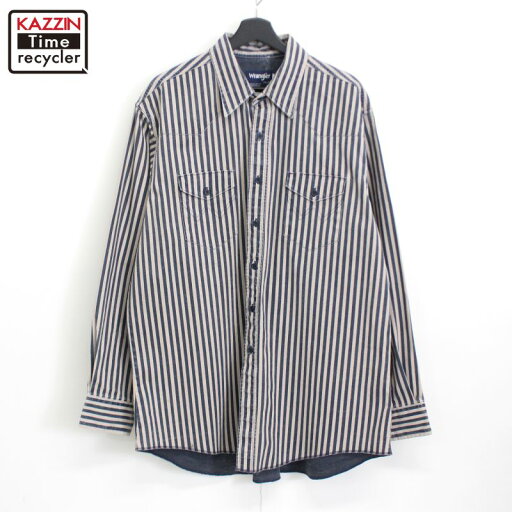 00s ラングラー Wrangler ストライプ柄 長袖シャツ 古着 ★ メンズ 表記17 1/2サイズ ベージュ・ネイビー 00s ラングラー Wrangler ストライプ柄 長袖シャツ 古着 ★ メンズ 表記17 1/2サイズ ベージュ・ネイビー