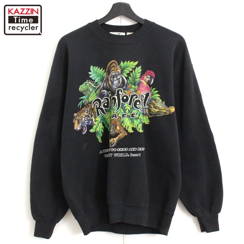 90s USA製 ヴィンテージ Rainforest CAFE アニマル ディズニー スウェット トレーナー 古着 ★ メンズ 表記Lサイズ ブラックのサムネイル