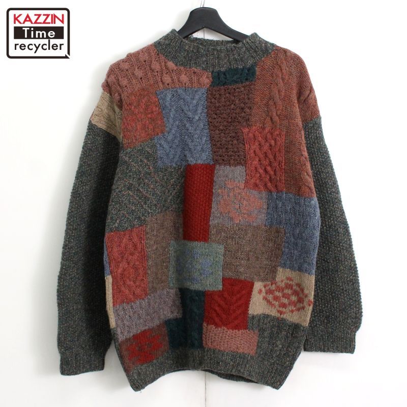 Knit Sweater - 90s ヴィンテージ エディー・バウアー Eddie Bauer 総柄 黒タグ パッチワーク モックネック ウール ニットセーター 古着 ★ メンズ 表記Lサイズ マルチカラー