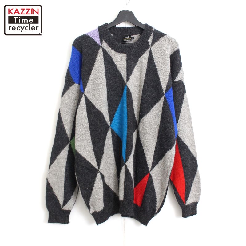 P10倍! 90s ヴィンテージ Mon Repos 総柄 アルパカ ニットセーター 古着 ★ メンズ 表記XLサイズ ブラック