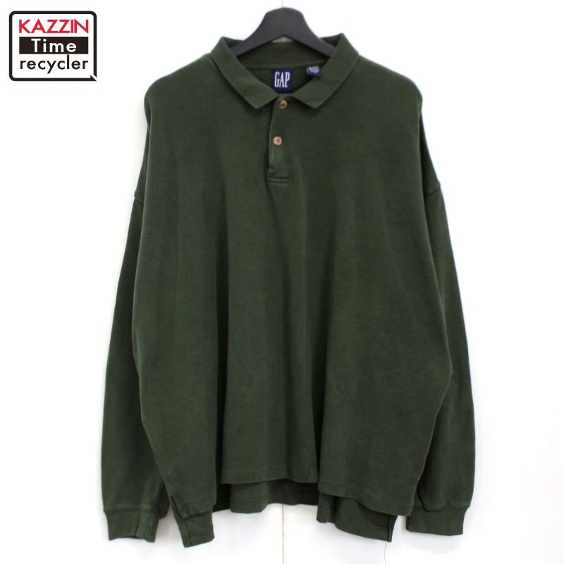 P5倍! 90s USA製 ヴィンテージ ギャップ GAP 無地 長袖ポロシャツ 古着 ★ メンズ 表記Lサイズ グリーン