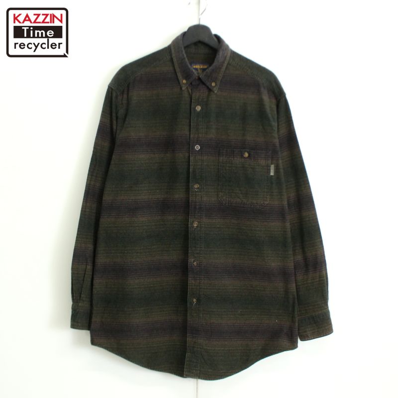 P10倍! 00s ウールリッチ WOOLRICH ボーダー柄 ボタンダウン ネル 長袖シャツ 古着 ★ メンズ 表記Lサイズ グリーン・マルチカラー