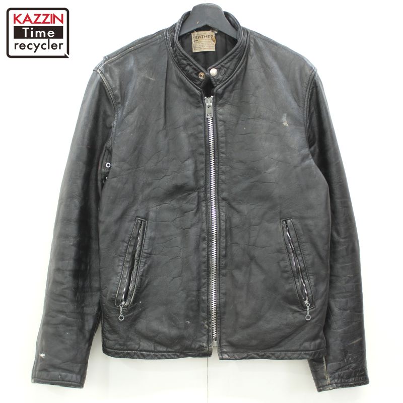 70s ヴィンテージ LEATHERGARMENT 無地 シングルライダースジャケット 古着 ★ メンズ Mサイズ相当 ブラック(4)