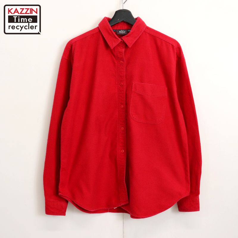 90s USA製 ヴィンテージ ウールリッチ WOOLRICH 無地 シャモアクロス 長袖シャツ 古着 ★ レディース 表記Lサイズ レッド