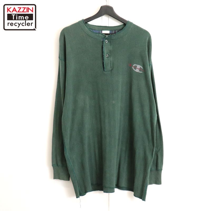 90s USA製 ヴィンテージ チャンピオン Champion ヘンリーネック 長袖Tシャツ 古着 ★ メンズ 表記Mサイズ グリーン