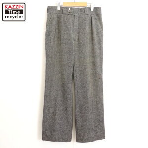 70s ヴィンテージ タック ウール フレア ヘリンボーン スラックスパンツ 古着 ★ メンズ M~Lサイズ相当 グレー
