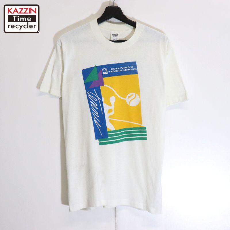 【中古】80s USA製 ヴィンテージ VOLVO テニス 半袖Tシャツ 古着 メンズ 表記Lサイズ ホワイト