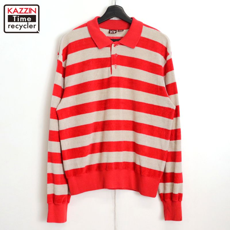 【中古】80s ヴィンテージ HandsOff ボーダー柄 ベロア 長袖ポロシャツ 古着 メンズ 表記Lサイズ レッド