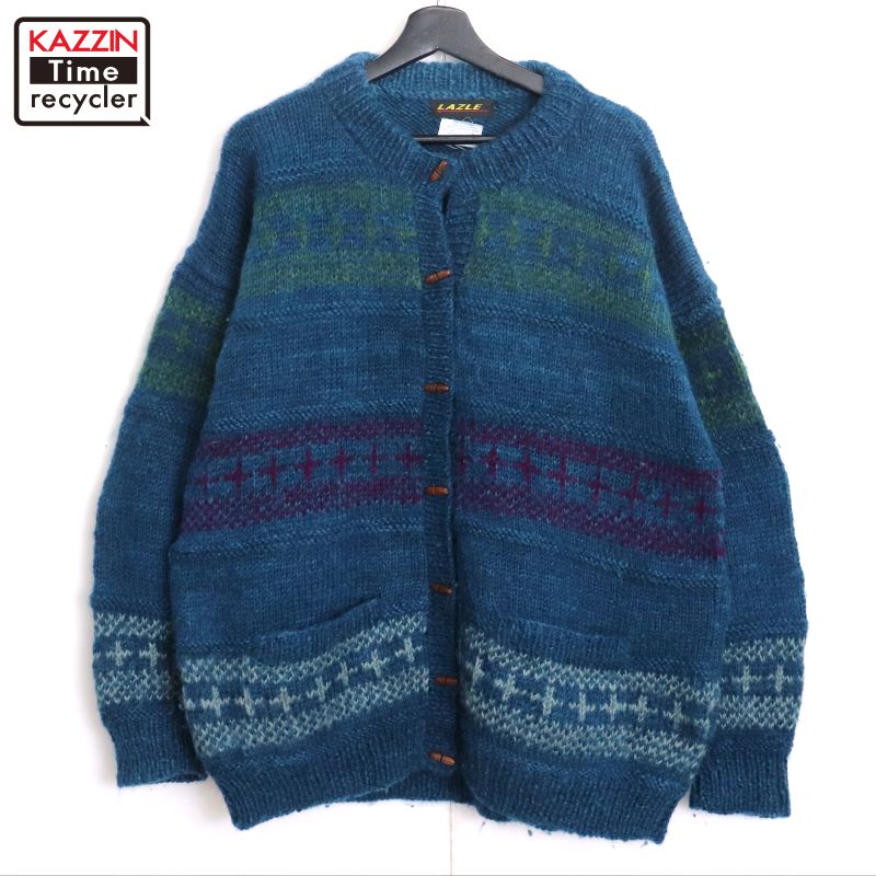 【中古】90s ヴィンテージ LAZLE ハンドニット ウール ニットカーディガン 古着 メンズ 表記Mサイズ ブ..
