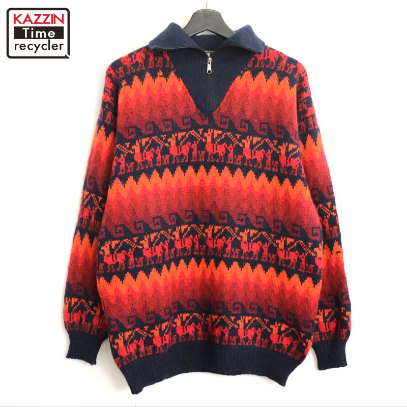 P10倍! 【中古】80s ヴィンテージ ネイティブ柄 ハーフジップ アルパカ ニットセーター 古着 メンズ M..