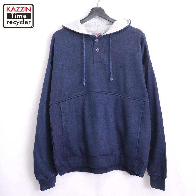 【中古】90s ヴィンテージ 無地 裏地サーマル ヘンリーネック スウェット パーカー 古着 メンズ 表記Lサイズ ネイビー
