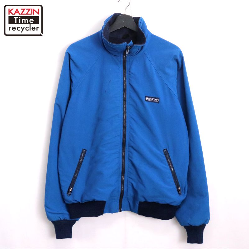 【中古】90s USA製 ヴィンテージ ランズエンド LANDS' END ラグラン 裏地フリース ウォームアップ ナイロンジャケット 古着 メンズ 表記Mサイズ ブルー