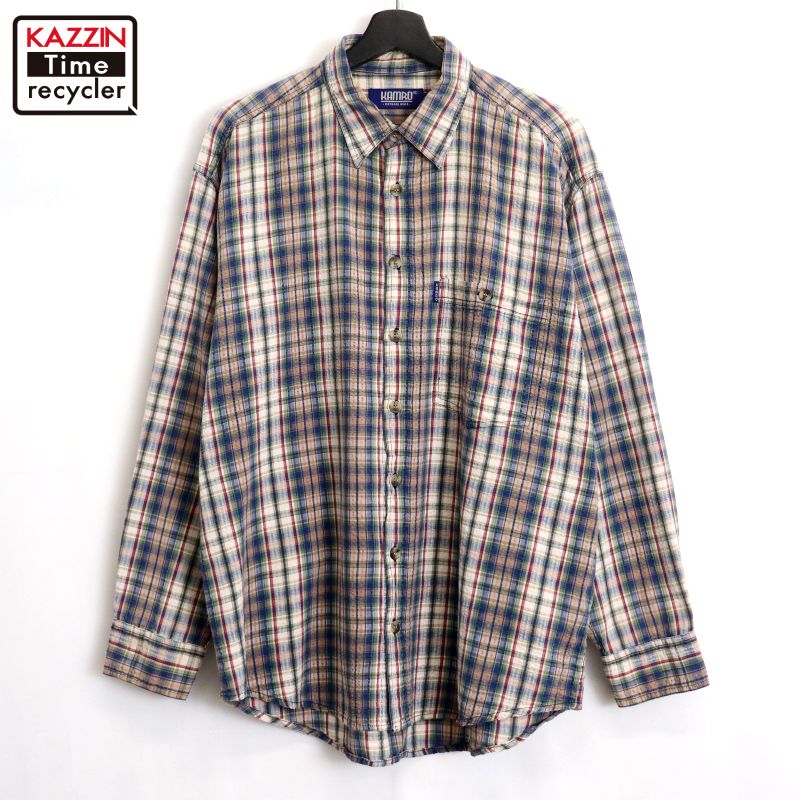 【中古】00s KAMRO チェック柄 シアサッカー 長袖シャツ 古着 メンズ 表記Lサイズ マルチカラー