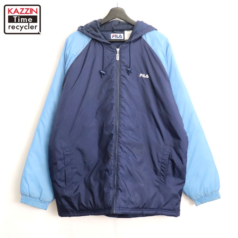 【中古】90s ヴィンテージ フィラ FILA ナイロン パデットジャケット 古着 メンズ 表記Lサイズ ネイビー・ライトブルー