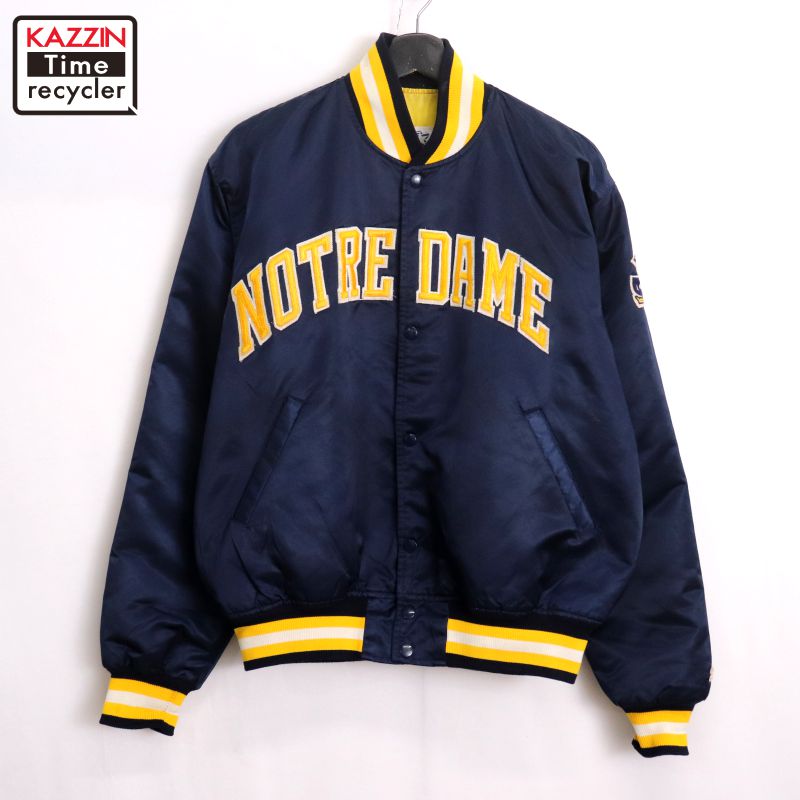 【中古】80s USA製 ヴィンテージ スターター STARTER ノートルダム カレッジ ナイロン スタジャン 古着 メンズ 表記Lサイズ ネイビー