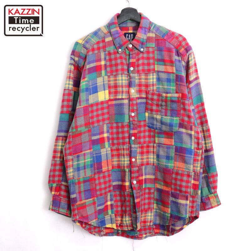 【中古】90s ヴィンテージ ギャップ GAP チェック柄 ボタンダウン パッチワーク ヘビーネル 長袖シャツ 古着 メンズ 表記Mサイズ マルチカラー