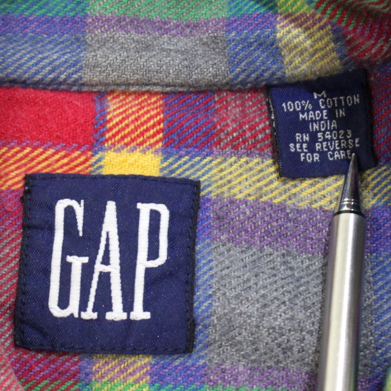 【中古】90s ヴィンテージ ギャップ GAP チェック柄 ボタンダウン パッチワーク ヘビーネル 長袖シャツ 古着 メンズ 表記Mサイズ マルチカラー