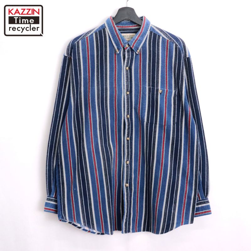 【中古】90s ヴィンテージ マルチストライプ柄 ボタンダウン プリント ネル 長袖シャツ 古着 メンズ XLサイズ相当 ビッグサイズ オーバーサイズ ブルー(4)