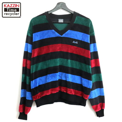 【中古】80s USA製 ヴィンテージ LeTIGRE ボーダー柄 Vネック プルオーバー ベロア 長袖Tシャツ 古着 メンズ 表記XLサイズ マルチカラー 【中古】80s USA製 ヴィンテージ LeTIGRE ボーダー柄 Vネック プルオーバー ベロア 長袖Tシャツ 古着 メンズ 表記XLサイズ マルチカラー